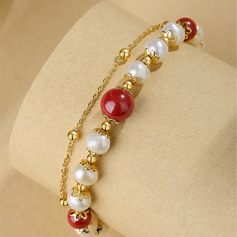 Pulsera de cadena de doble capa con cuentas de sabiduría de cinabrio y perlas de plata de ley 925 con Buddha Stones
