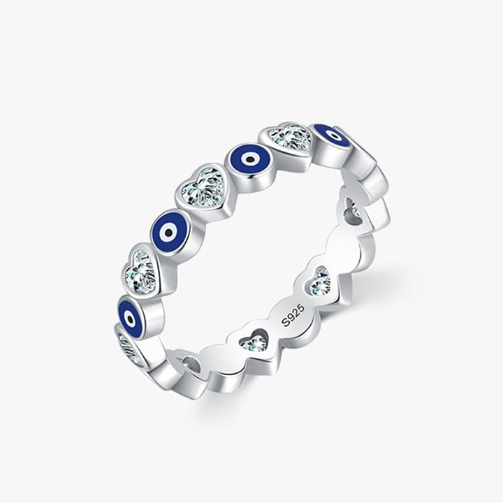 Anillo de bendición de circonita con forma de corazón de amor y mal de ojo de plata de ley 925 con Buddha Stones