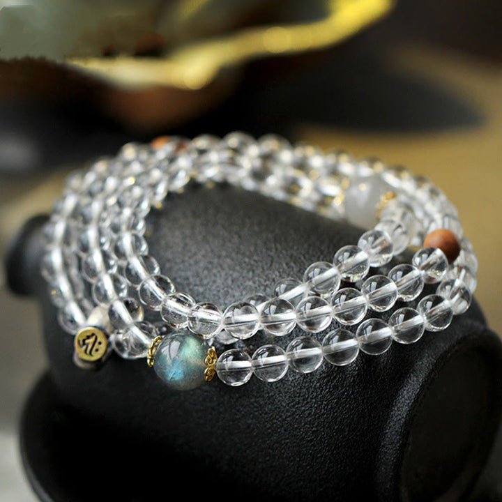 Pulsera de plata de ley 925 con Buddha Stones , zodíaco chino, Buda natal, cristal blanco, meditación, triple envoltura