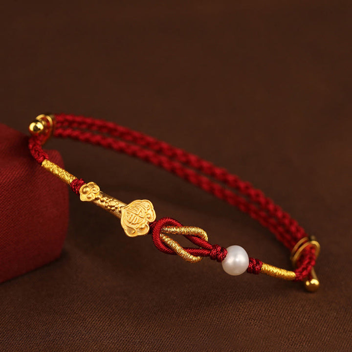 Pulsera trenzada de la suerte con perlas de conejo y mango de Ruyi del deseo de oro de 24 quilates con Buddha Stones