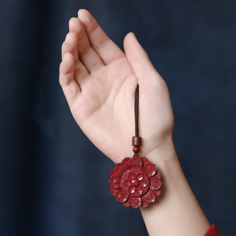 Buddha Stones Natural cinabrio Lotus Om Mani Padme Hum bendición collar cadena colgante