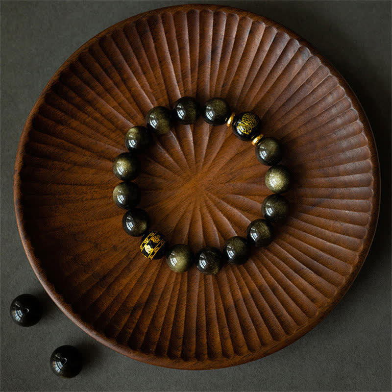 Pulsera de protección de la riqueza de obsidiana con brillo dorado del Buda Natal del zodíaco chino
