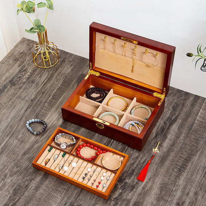 Caja de joyería de madera vintage con Buddha Stones, caja de almacenamiento de joyería de madera maciza de dos capas