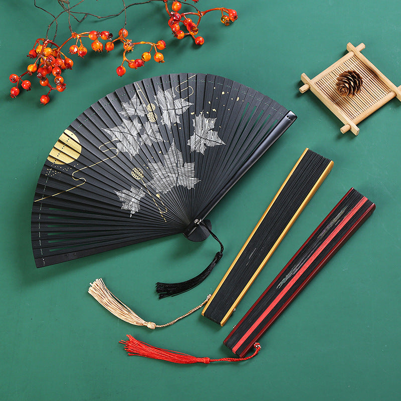 Abanico plegable de bambú de mano con diseño de hoja de arce y grúa de nube Vintage de Buddha Stones