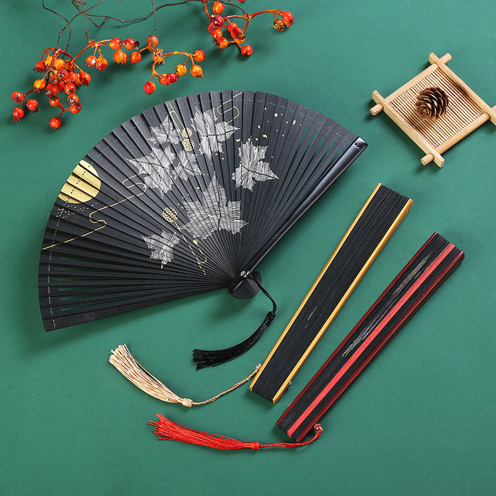 Abanico plegable de bambú de mano con diseño de hoja de arce y grúa de nube Vintage de Buddha Stones