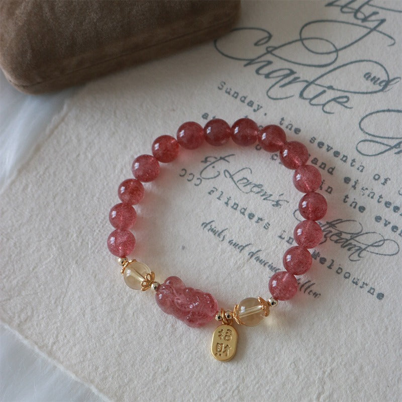 Pulsera curativa de la fortuna con Buddha Stones, Cuarzo Fresa Natural, flor de melocotón, PiXiu