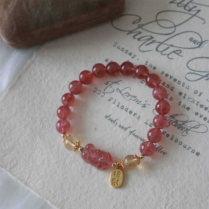 Pulsera curativa de la fortuna con Buddha Stones, Cuarzo Fresa Natural, flor de melocotón, PiXiu