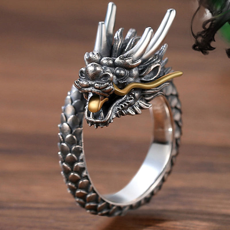 Anillo ajustable de fuerza de protección con diseño de dragón vintage de plata de ley 925 con Buddha Stones