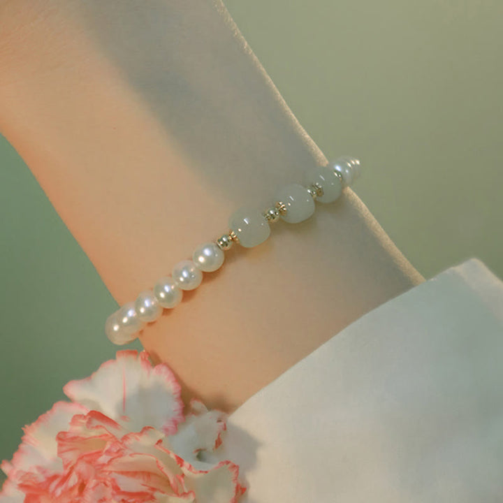 Pulsera de cadena de cuentas de sinceridad de jade blanco de jade cian hetiano de perlas naturales chapadas en oro de 14 quilates
