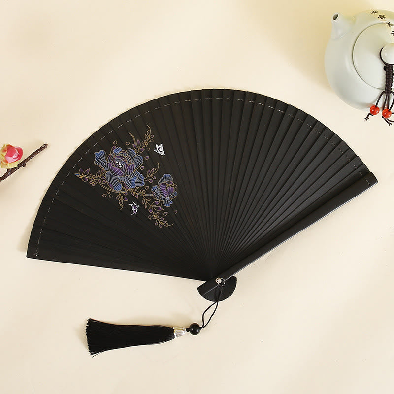 Abanico plegable de bambú de mano con Buddha Stones, flor de hibisco, flor de ciruelo