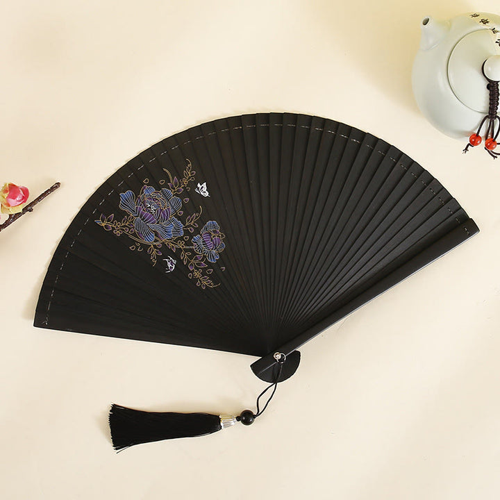 Abanico plegable de bambú de mano con Buddha Stones, flor de hibisco, flor de ciruelo