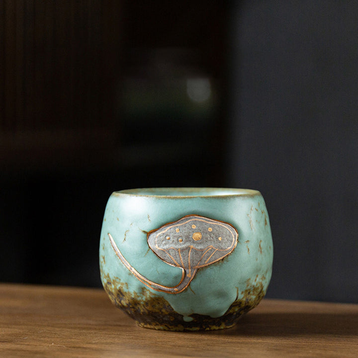 Taza de té de Kung Fu con Buddha Stones , vaina de loto grabada