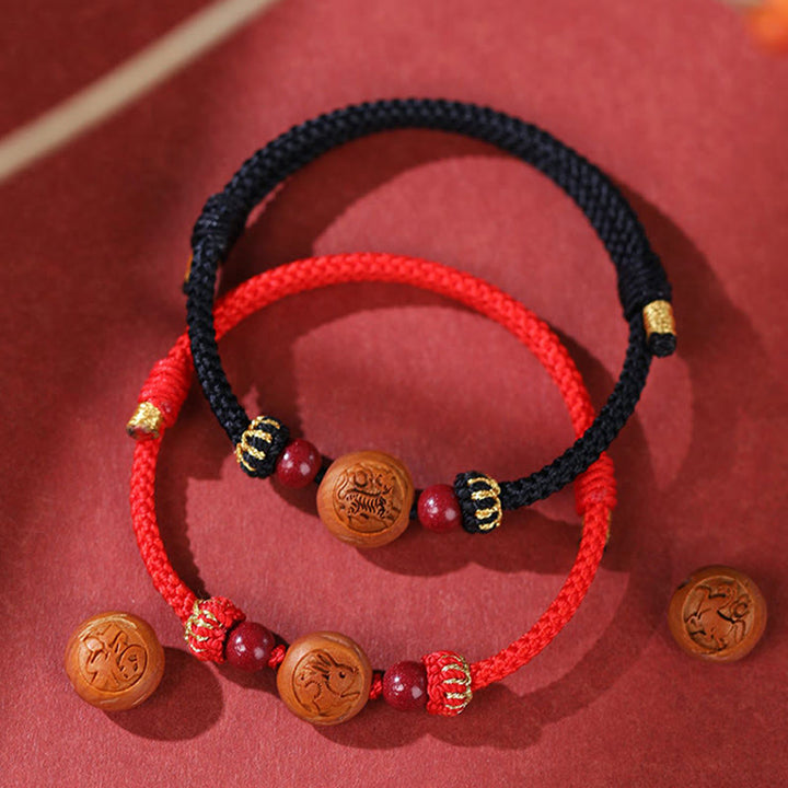 Pulsera de riqueza de cinabrio tallada con carácter del zodíaco chino, madera de melocotón Natural, Buddha Stones