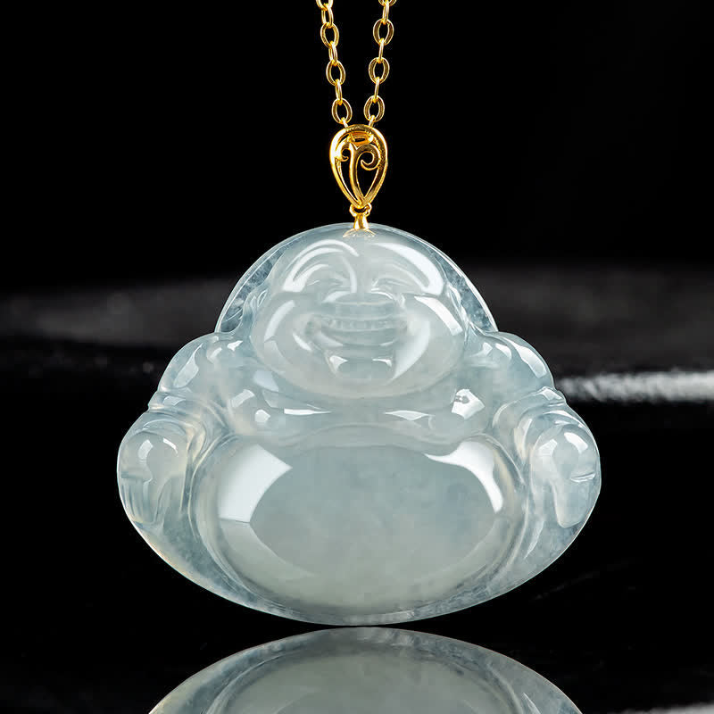 Colgante de collar de abundancia de oro de 18 quilates con jade natural de Buda sonriente - Jade - image 1