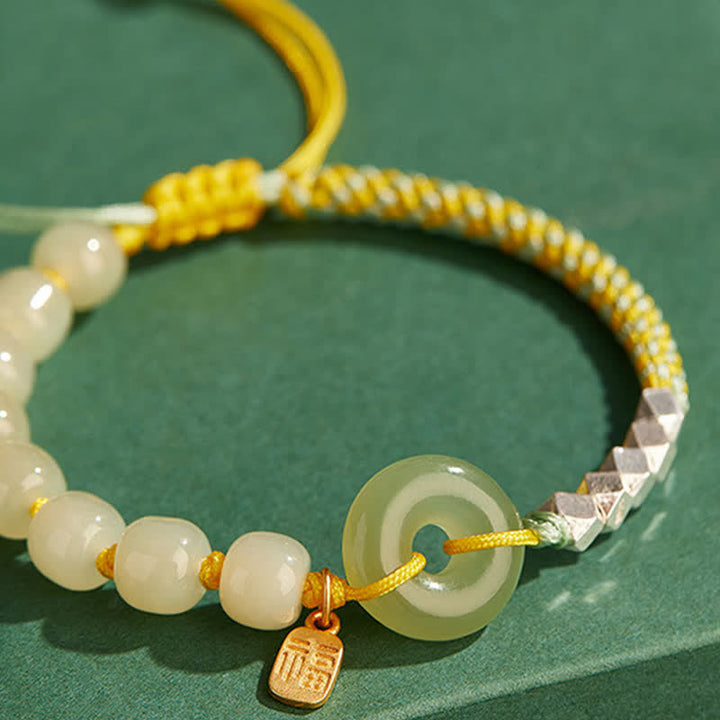 Pulsera de plata de ley 925 con hebilla de paz y jade hetiano con cuentas de suerte y felicidad