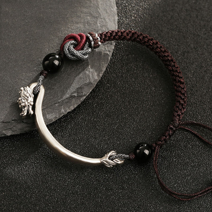 Pulsera trenzada hecha a mano con diseño de dragón auspicioso de plata de ley 925 con Buddha Stones