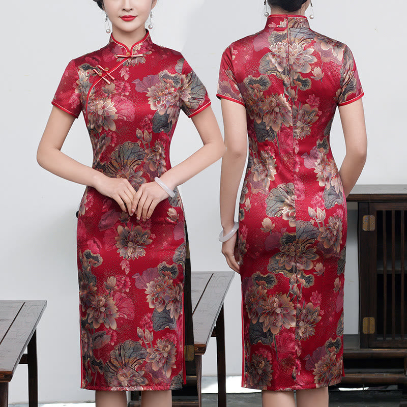 Vestido Cheongsam para mujer con estampado de plumas de peonía y flor de loto Retro con Buddha Stones - Loto rojo vino - US16, UK/AU20, EU48 (5XL) - image 14