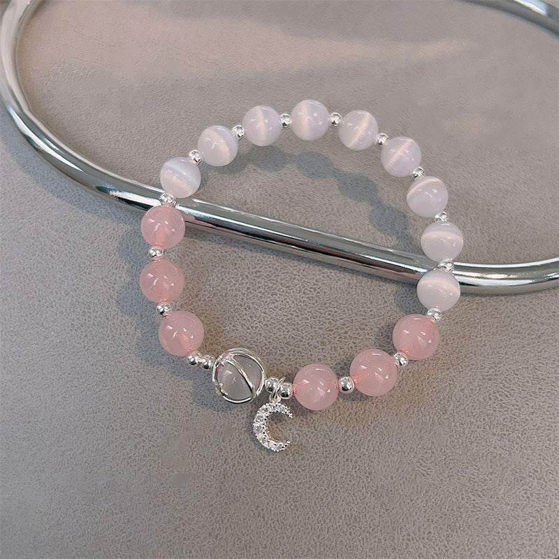 Pulsera con dije de amor y luna de cristal rosa, ojo de gato natural , Buddha Stones