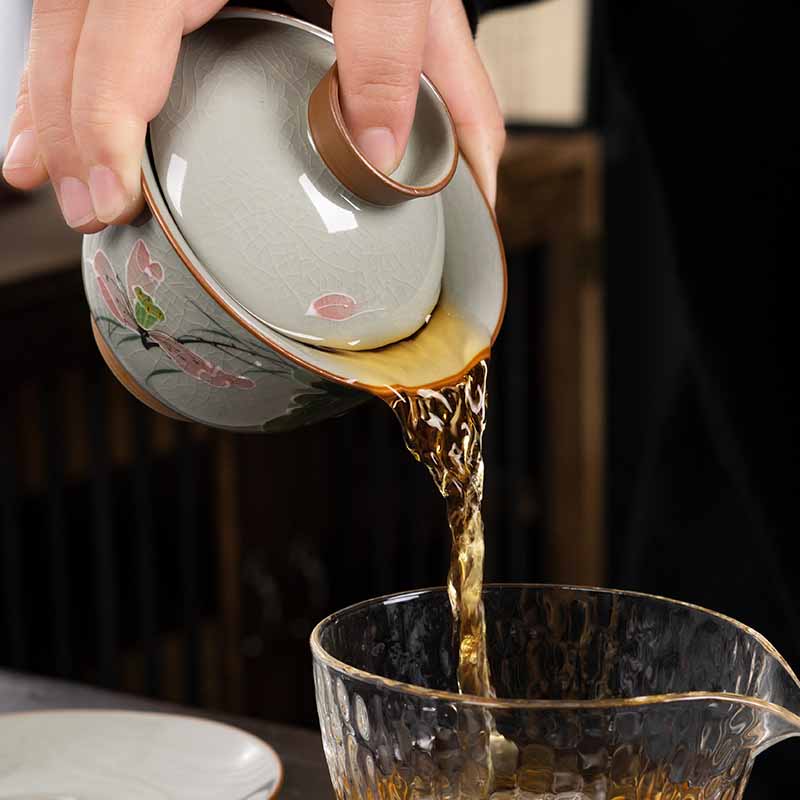 Buddha Stones, loto, pez Koi, hoja de vaina, taza de té de cerámica Gaiwan Sancai, taza de té de Kung Fu y platillo con tapa, 140ml