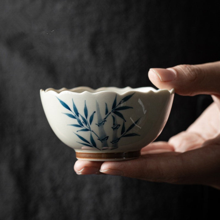 Taza de té de cerámica con hojas de bambú azules pequeñas, Buddha Stones, tazón de té de Kung Fu
