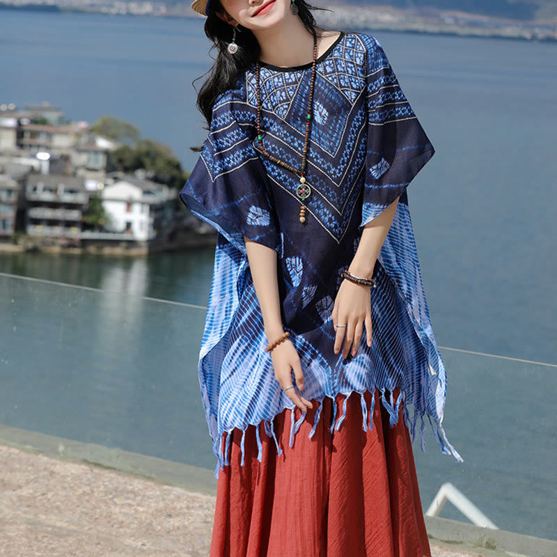 Jersey suave con chal Batik de rayas triangulares azules con Buddha Stones 90*95cm