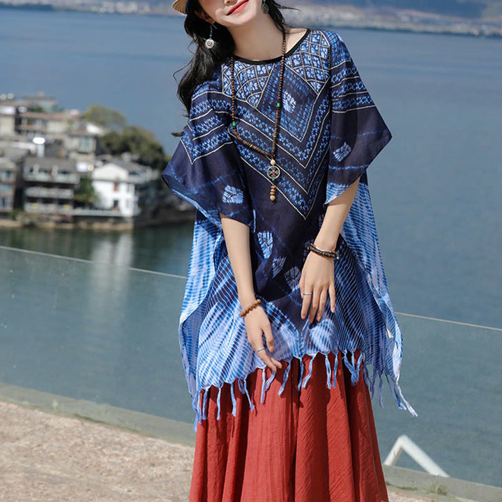 Jersey suave con chal Batik de rayas triangulares azules con Buddha Stones 90*95cm