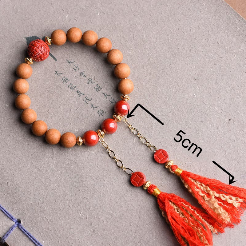 Pulsera de borlas de riqueza PiXiu de cinabrio de madera de melocotón Natural tibetana con Buddha Stones