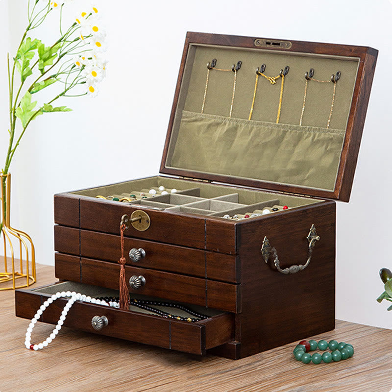 Caja de joyería de madera maciza retro con Buddha Stones, caja de almacenamiento de joyería de madera de cuatro capas