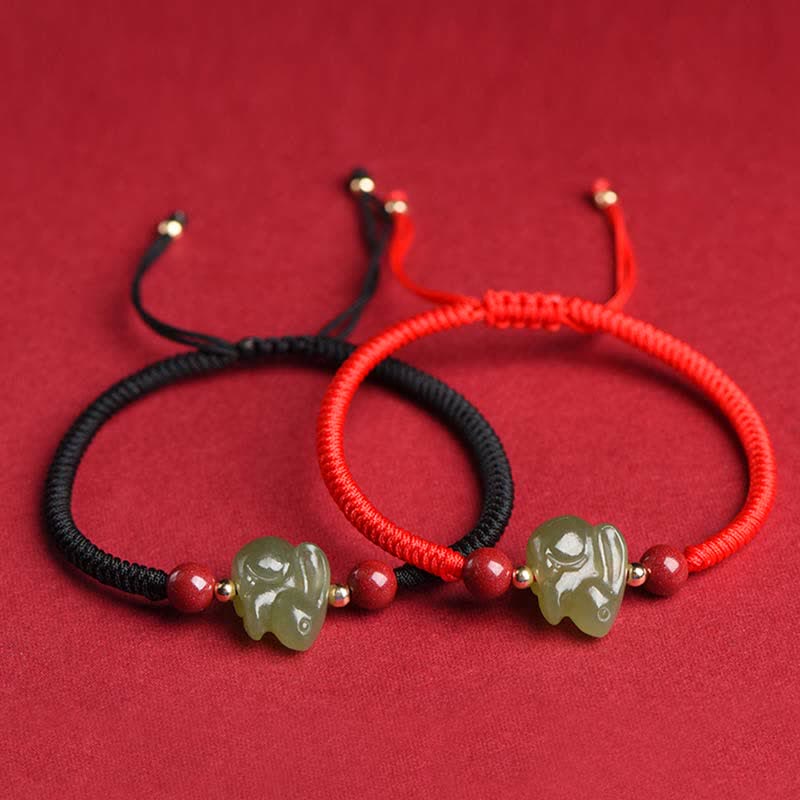 Año del Conejo Hetian Jade Bunny Cinabrio Con Cuentas Pulsera de Hilo de Abundancia