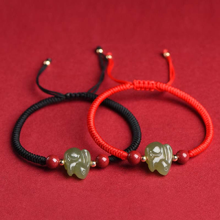 Año del Conejo Hetian Jade Bunny Cinabrio Con Cuentas Pulsera de Hilo de Abundancia