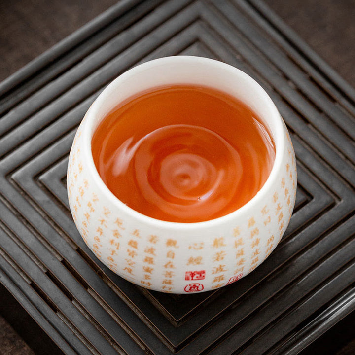 Taza de té y platillo con tapa, taza de té de cerámica Gaiwan, Sutra de corazón budista con Buddha Stones, pequeño personaje Fu