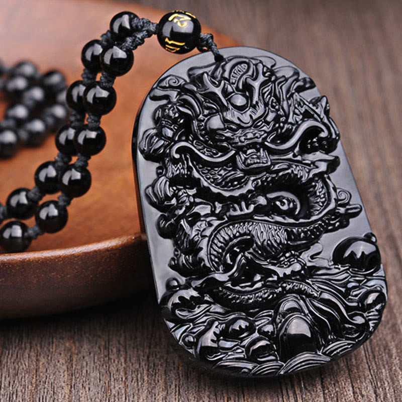 Collar con colgante de cumplimiento de dragón de piedra de obsidiana negra de Buddha Stones - image 6