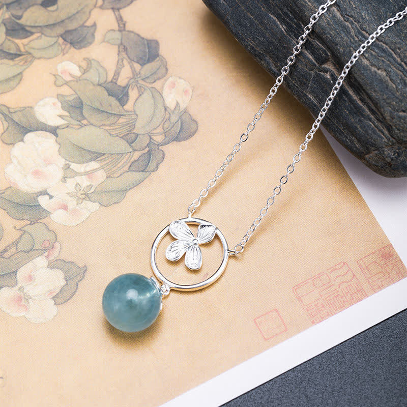 Collar con pendientes de plata de ley 925 con Buddha Stones , aguamarina natural, hoja, flor, paz