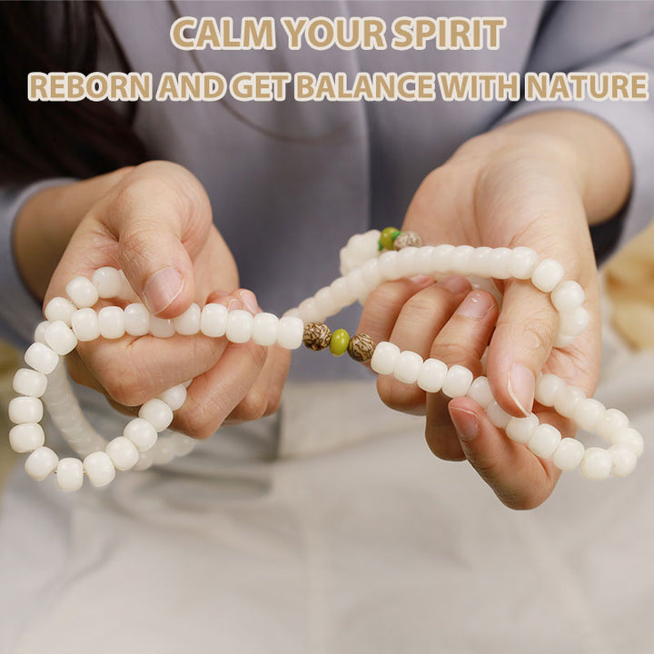Buddha Stones Jade Blanco Bodhi Lotus Mala Armonía Collar Pulsera