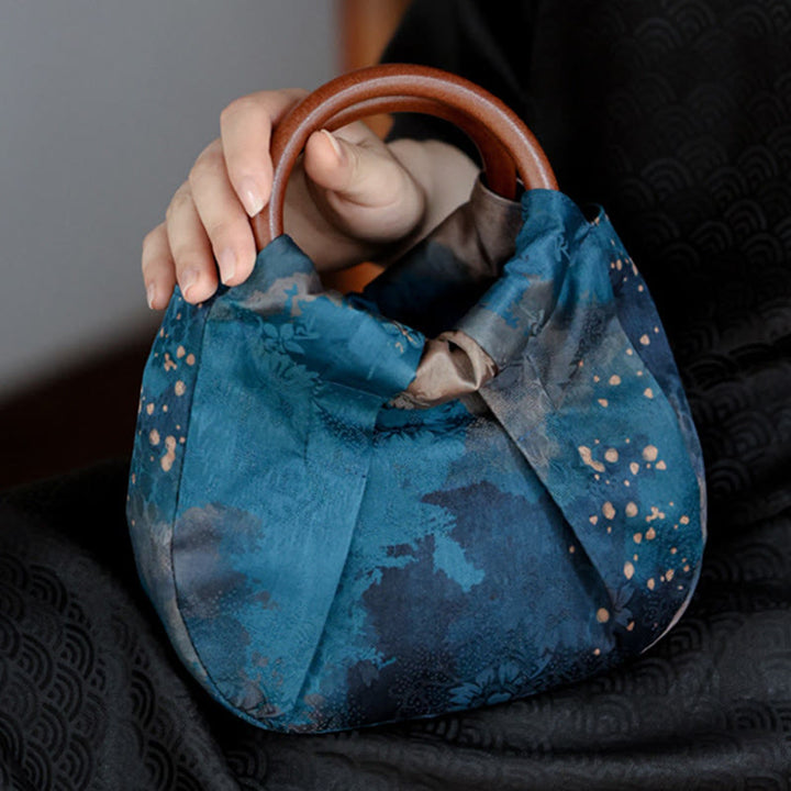 Bolso de mano con asa de madera azul con flor de jacquard hecho a mano con Buddha Stones