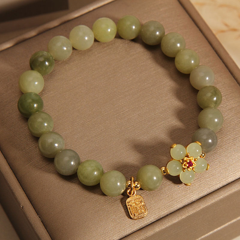 Pulsera de la suerte con dije de personaje Fu de flor de jade verde con Buddha Stones