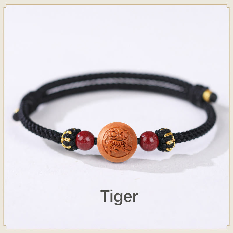 Pulsera de riqueza de cinabrio tallada con carácter del zodíaco chino, madera de melocotón Natural, Buddha Stones