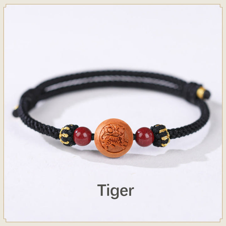 Pulsera de riqueza de cinabrio tallada con carácter del zodíaco chino, madera de melocotón Natural, Buddha Stones