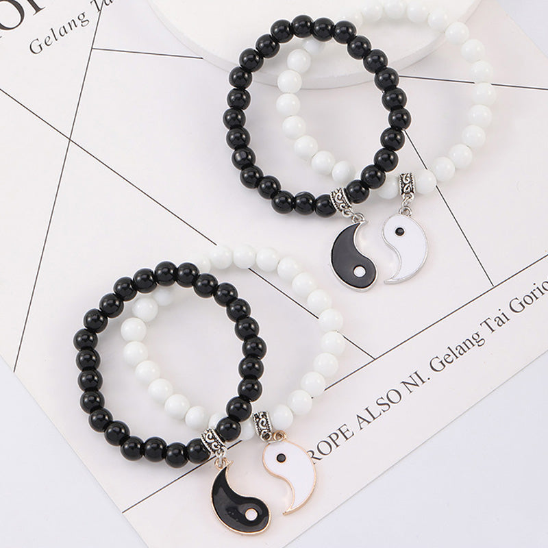 Buddha Stones 2 uds. Pulsera de pareja de protección Yin Yang con cuentas de turquesa blanca y ónix negro - image 3