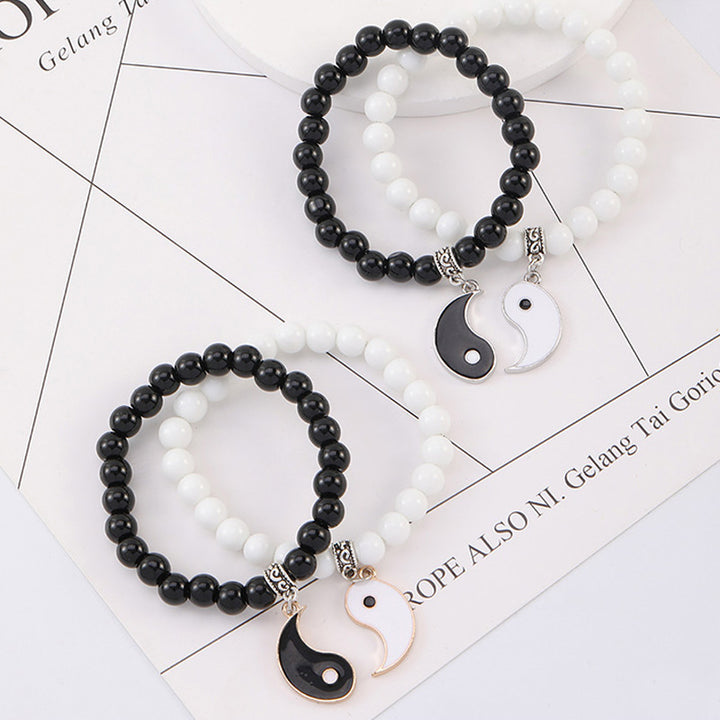 Buddha Stones 2 uds. Pulsera de pareja de protección Yin Yang con cuentas de turquesa blanca y ónix negro - image 3