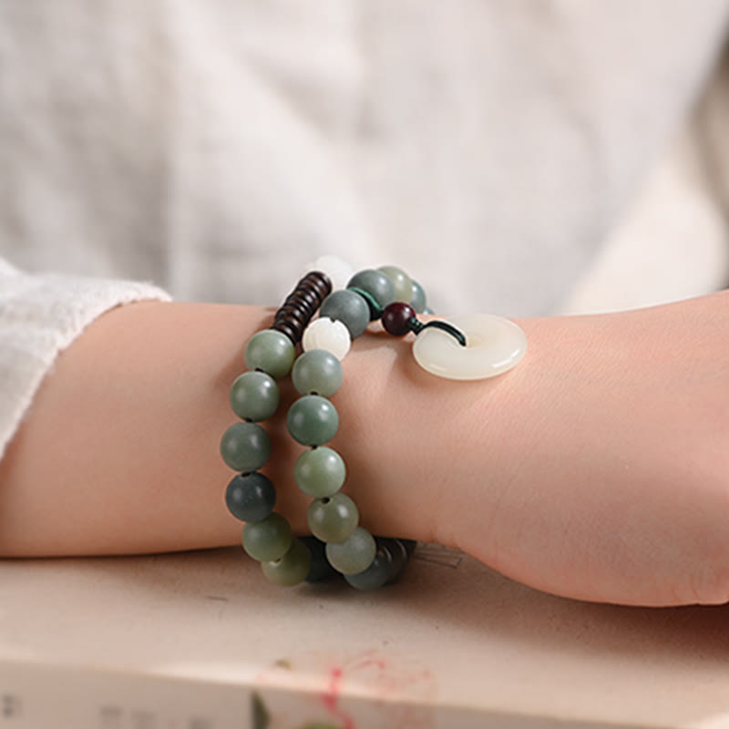 Pulsera de doble envoltura con hebilla de paz y jade de loto, semilla de Bodhi cian