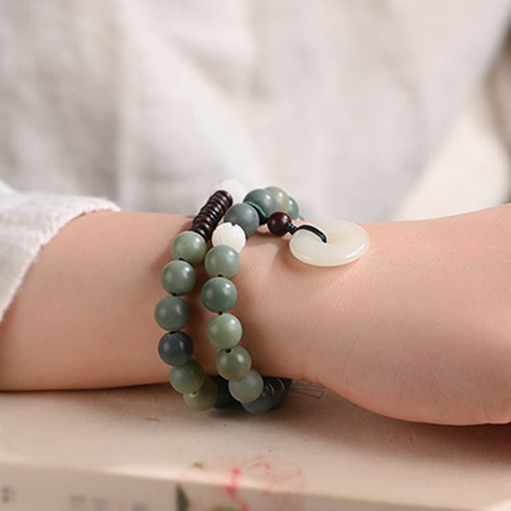 Pulsera de doble envoltura con hebilla de paz y jade de loto, semilla de Bodhi cian