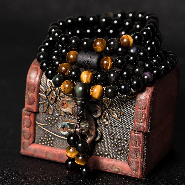 Pulsera de bendición de calabaza de obsidiana arcoíris de obsidiana negra natural con Buddha Stones Mala