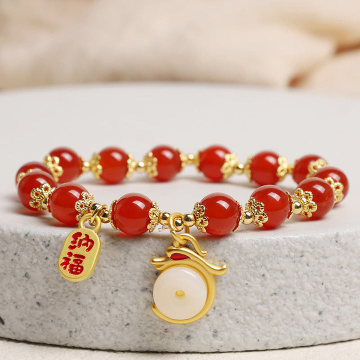 Buddha Stones Año del Dragón Ágata Roja Aventurina Verde Hebilla de la Paz Personaje Fu Pulsera de la Fortuna de la Suerte