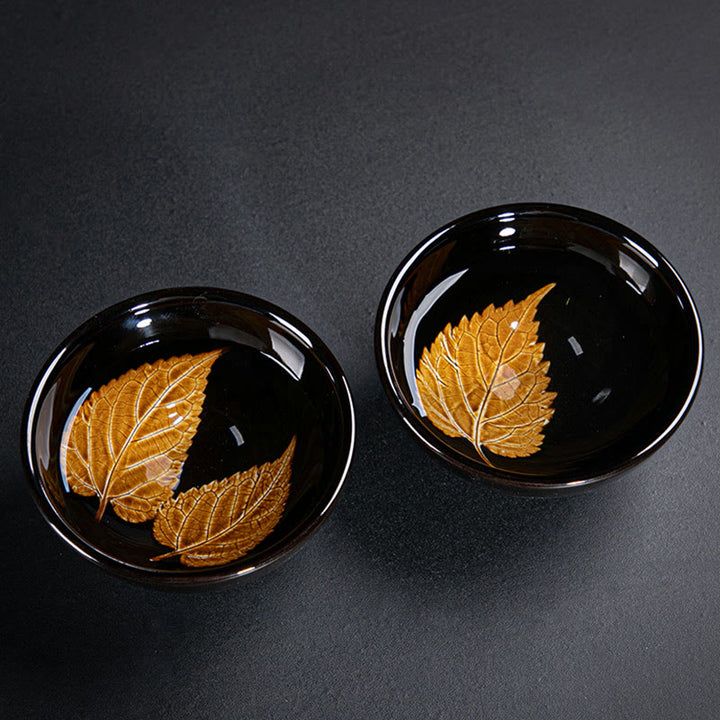 Buddha Stones, hoja de arce dorada, taza de té de cerámica china Jianzhan, tazón de taza de té Tenmoku Kung Fu