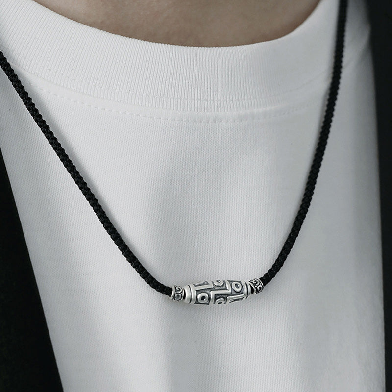 Collar con colgante de cuerda de protección con diseño de cuentas Dzi de nueve ojos de plata de ley 999 con Buddha Stones