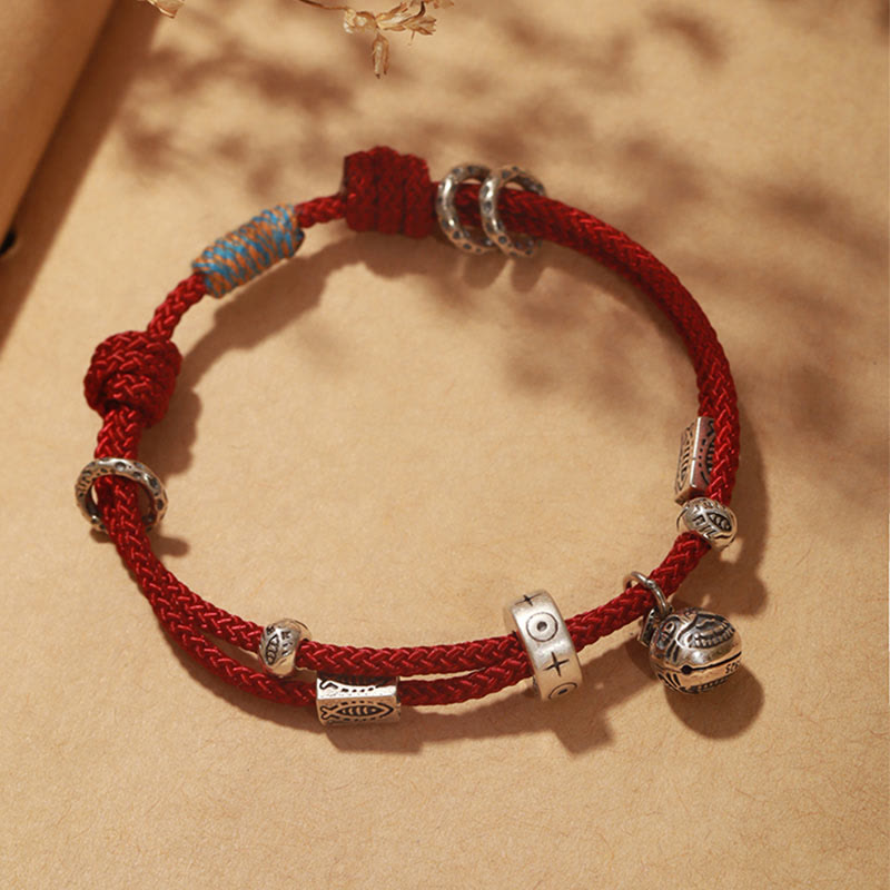 Pulsera trenzada hecha a mano con Buddha Stones , Plata de Ley 925, oro, bestia tragadora, pez Koi, riqueza - Rojo (circunferencia de la muñeca 16-18 cm) - image 0