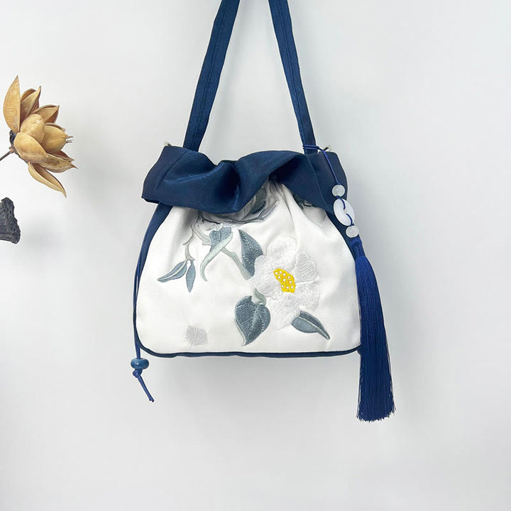 Buddha Stones Suzhou Bordado Camelia Magnolia Peonía Loto Seda Bolso Bandolera Bolso Bandolera Bolso