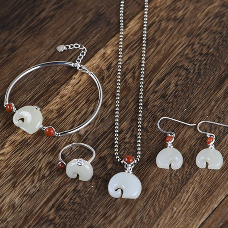 Buddha Stones de plata de ley 925, elefante, jade hetiano, collar de abundancia, colgante, pulsera, anillo, pendientes