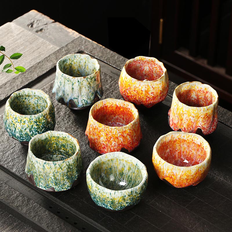 Taza de té de cerámica con Buddha Stones, color naranja, rojo, verde y amarillo, taza de té de Kung Fu